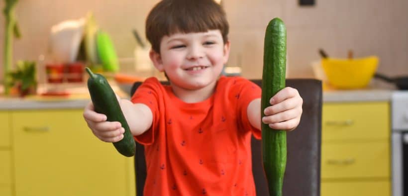 Un enfant tenant deux concombres dans les mains